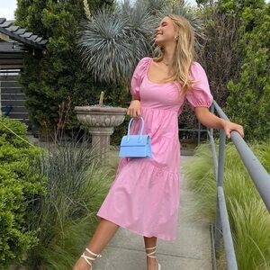 Pink puff sleeve bow open back midi dress